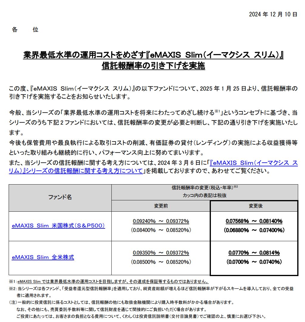 スリムS&P500信託報酬引き下げ